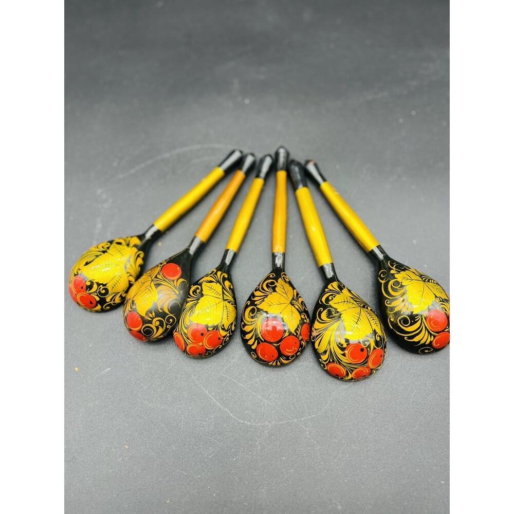 Khokhloma Russian Folk Art Hand Painted Spoons Red Gold Black Set Of 6 - Picture 2 of 7
